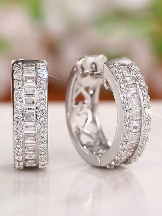 White Gold Small Huggie Hoop Earrings With Baguette and  18k White Gold Diamond Baguette Cut Small Hoop Huggie Earrings